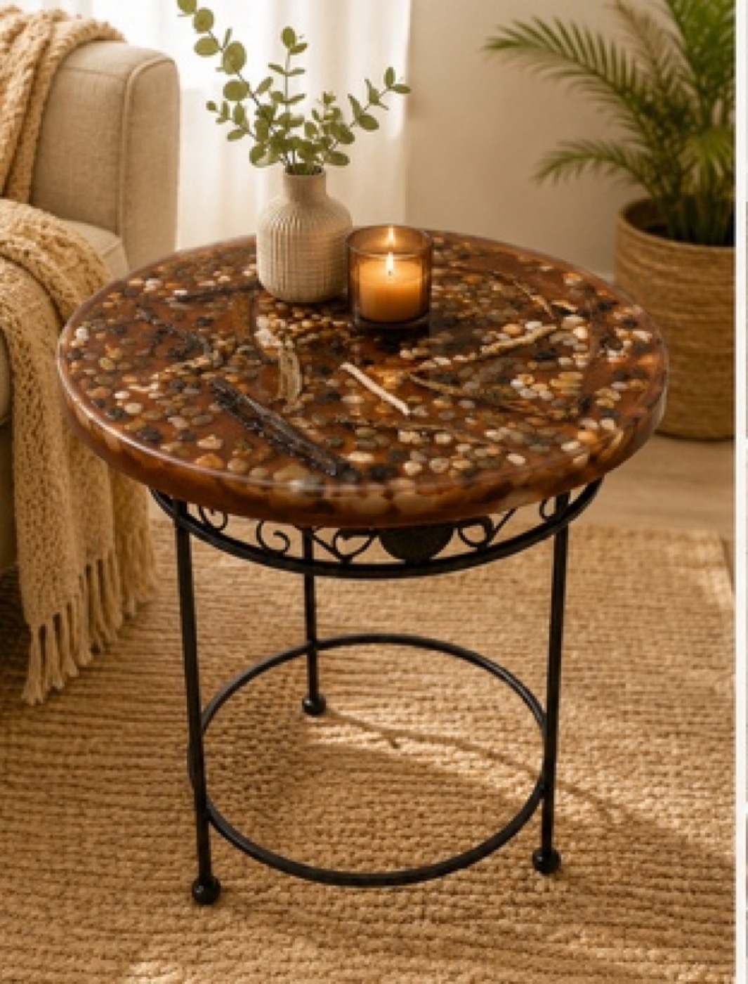 Nature Resin Side Table with river stones and driftwood